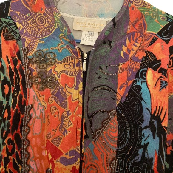 Nina Raynor multicolored embellished zipped stretched cardigan sz M - Picture 2 of 5